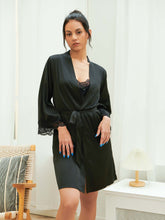 Women 2pcs Satin Lace Lingerie Set Robes Pajamas Sai Feel